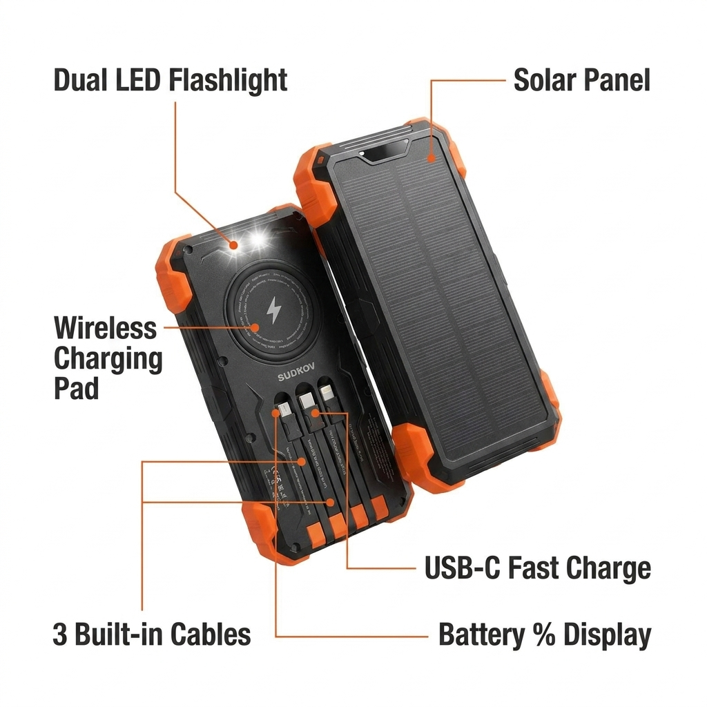 Sunly™ Rugged Solar Power Bank Charger + 3 Built-In Cables