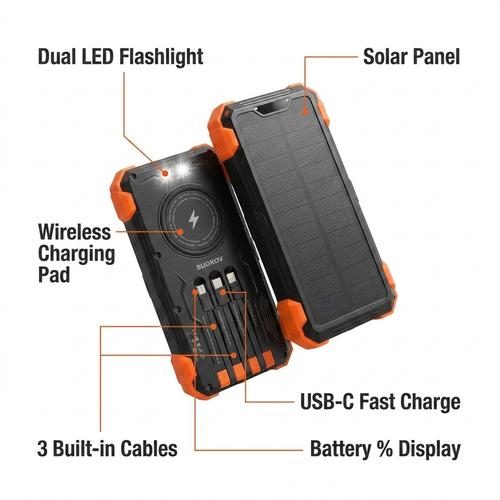 Sunly™ Rugged Solar Power Bank Charger + 3 Built-In Cables