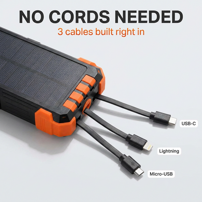 Sunly™ Rugged Solar Power Bank Charger + 3 Built-In Cables